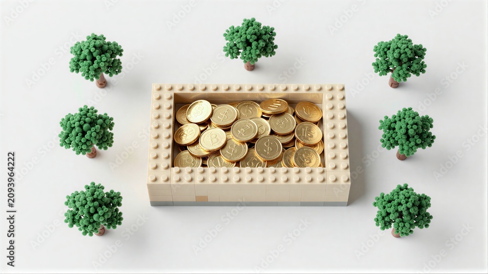 Fototapeta premium Lego box filled with gold coins, surrounded by green tree models on white surface.