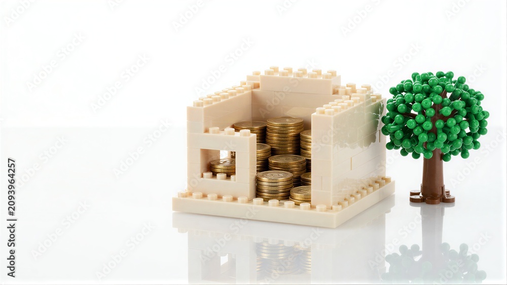 Fototapeta premium Lego house filled with gold coins, tree beside it on reflective surface.