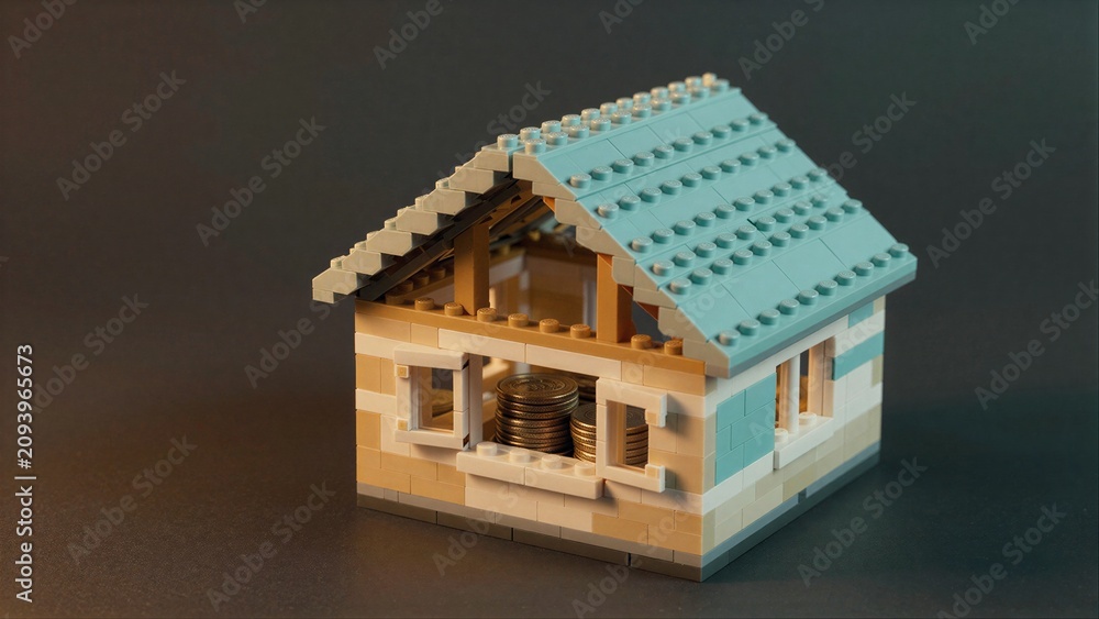 Fototapeta premium Lego house with coins inside, symbolizing savings or home ownership.