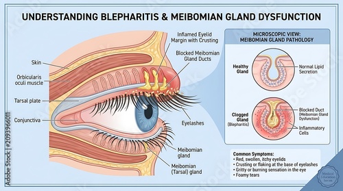 Detailed medical infographic illustrating blepharitis and meibomian gland dysfunction, showing eye anatomy cross section, microscopic gland pathology and common symptoms of eyelid inflammation.