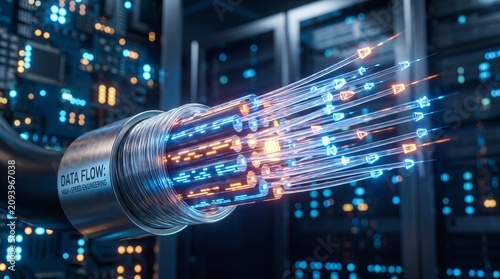 Fiber Optic Cable Data Flow: A close-up of a fiber optic cable reveals glowing strands of light, symbolizing the rapid transmission of digital data within a server room.