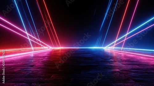 3d technology abstract neon light background, empty space scene, spotlight, dark night, virtual reality, cyber futuristic sci-fi background, street floor studio for mock up. colored geometric