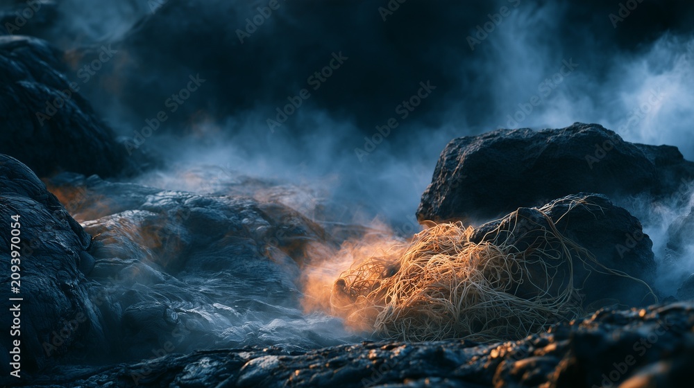 Fototapeta premium Sun-bleached fishing net snagged on a lava boulder in volcanic steam