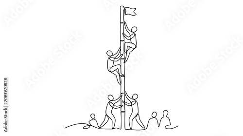 Принти на полотні Teamwork climbing bamboo pole with flag to reach goal