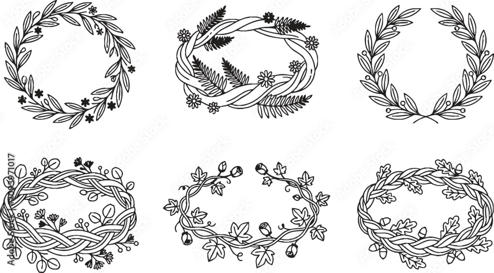 Fototapeta premium Collection of hand-drawn botanical wreaths and frames featuring elegant leaf and branch designs perfect for wedding invitations logos and decorative elements