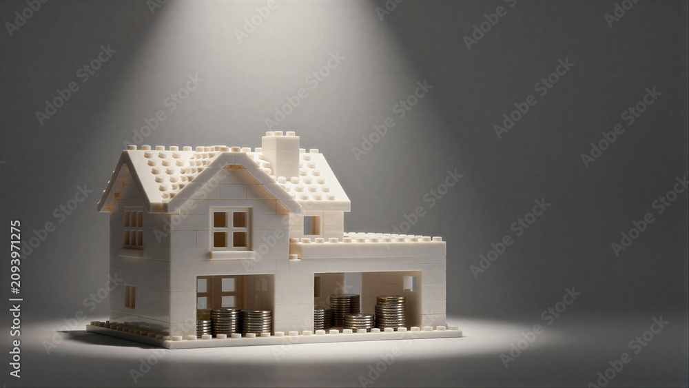 Fototapeta premium Lego house with coins inside, symbolizing home and savings under spotlight.