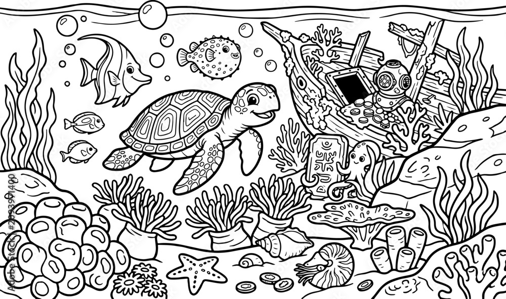 Fototapeta premium Vida marina, escena de dibujos animados, contorno dibujado a mano, ilustración de arte lineal, dibujo a mano, página para colorear para niños