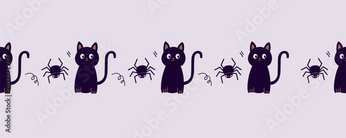Halloween horizontal seamless border with cute black cat and spider, spooky holiday vector pattern for masking tape and packaging