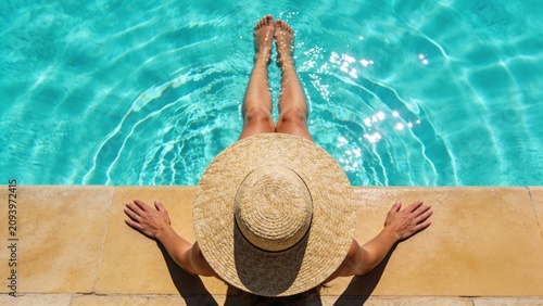 Top Down View of Relaxed Woman Wearing Straw Hat Sitting Beside Crystal Clear Swimming Pool on Sunny Summer Day