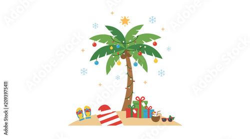 Tropical Christmas Celebration Palm Tree Decorated with Lights and Ornaments on Sandy Beach with Gifts