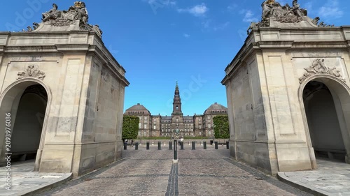 Main gate entrance view of Christiansborg Palace in Copenhagen city, Denmark