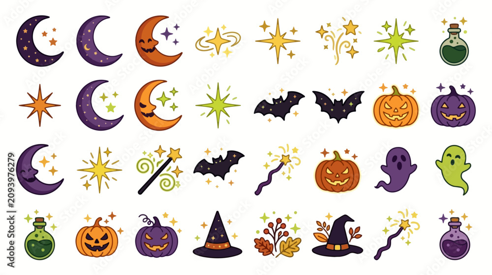 Obraz premium Cute Halloween Icon Set with Pumpkins, Ghosts, Bats, Magic Potions and Mystical Moon and Stars Illustrations
