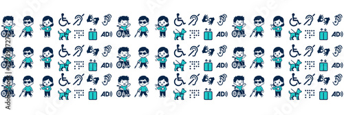Disability inclusion icon set featuring characters in wheelchairs and diverse accessibility symbols