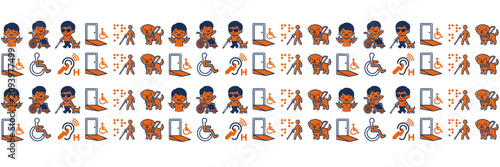 Seamless border pattern featuring diverse accessibility symbols and people with physical disabilities