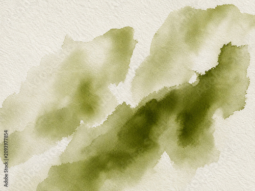 Soft olive green watercolor washes drift across heavily textured paper, blending pale translucent layers with deeper organic pools for a calm, natural abstract background.