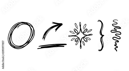 Hand drawn doodle vector graphic elements featuring a scribble circle arrow star spark bracket and wavy line for creative designs