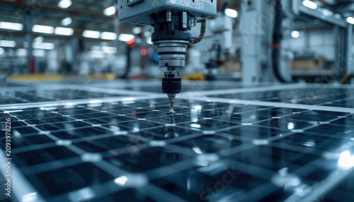 Robotic arm manufactures photovoltaic solar panels inside an automated high-tech industrial assembly factory.