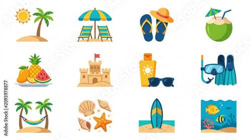 Fotografi Dynamic Colorful Beach and Summer Icons Set Featuring Sun Palm Trees Flip Flops