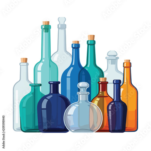 Collection of various colorful glass bottles with cork stoppers