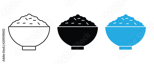 Tableau sur toile Rice Bowl Vector Icon Set, Steamed Rice and Hot Soup Bowl Outline and Silhouette