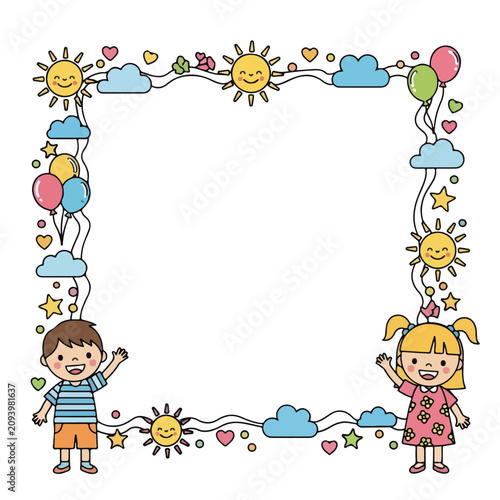 Children standing under colorful balloons and clouds border frame