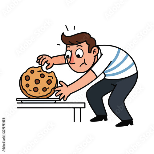 Man reaching for a giant cookie on a table with surprise