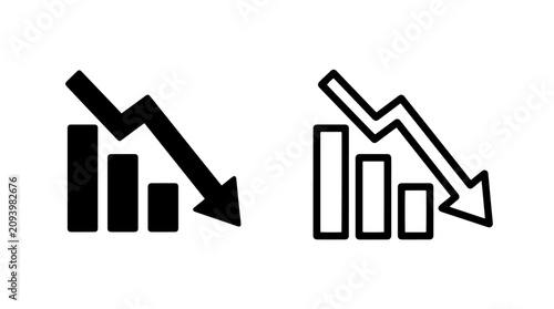Foto Declining bar chart icons with downward trend arrow in black and white