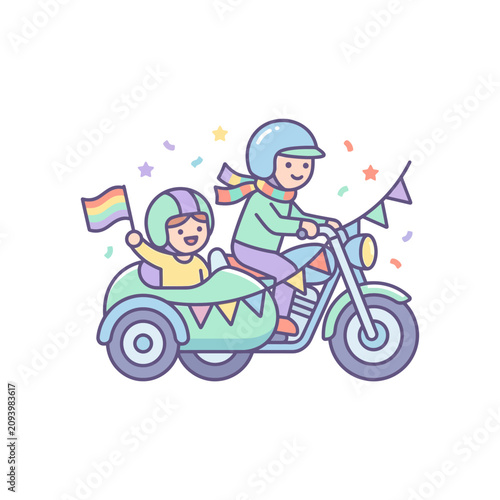 Pride Parade Motorcycle Ride: Joyful LGBTQ+ Celebration with Flags and Confetti