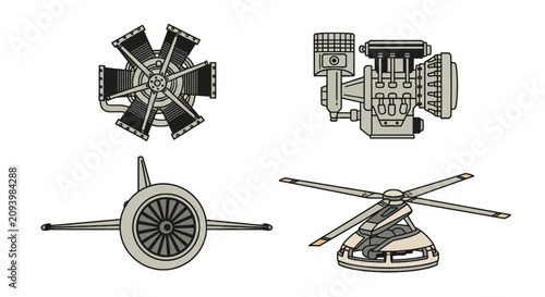 Foto Aviation engines and helicopter rotor mechanical icons