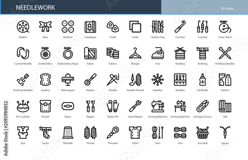 Needlework Sewing Craft Embroidery Hobby Icon Set