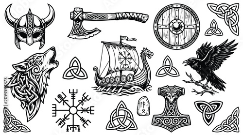 Tableau sur toile Viking mythology vector set, Norse warrior symbols with drakkar ship and wolf