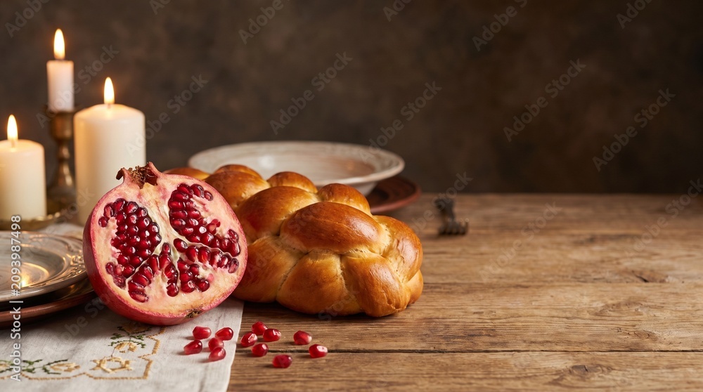 Fototapeta premium Shabbat Table Setting with Challah Bread Pomegranate and Candles
