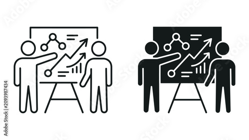Business presentation and strategic planning meeting icon set with presentation