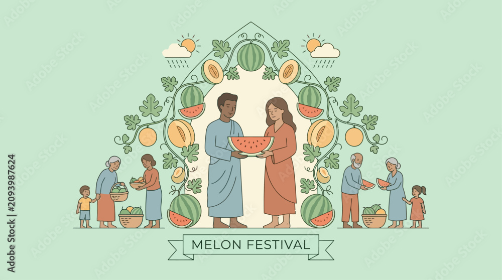 Fototapeta premium Happy Family Celebration with Tropical Leaves and Melon Decorations in Flat Design Illustration