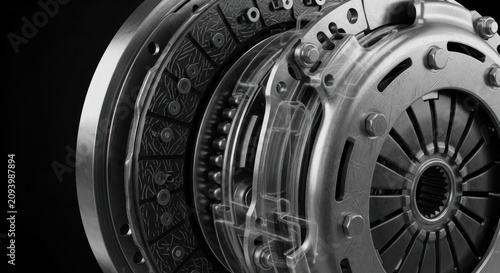 Detailed close-up of a car clutch assembly on a black background.