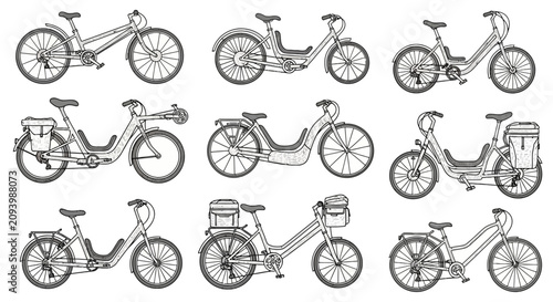 Foto Hand drawn sketches of various modern and specialty bicycles
