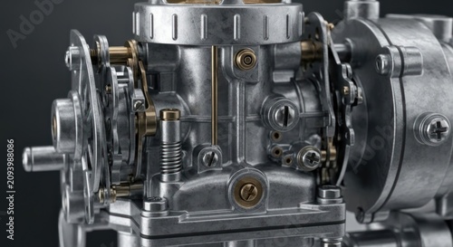 Detailed close-up of a shiny metal motorcycle carburetor engine part.