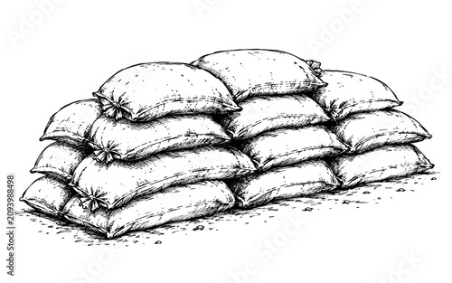 Vintage engraved illustration of stacked sandbags arranged as a protective barrier, ideal for military, construction, flood control, and defense concepts.