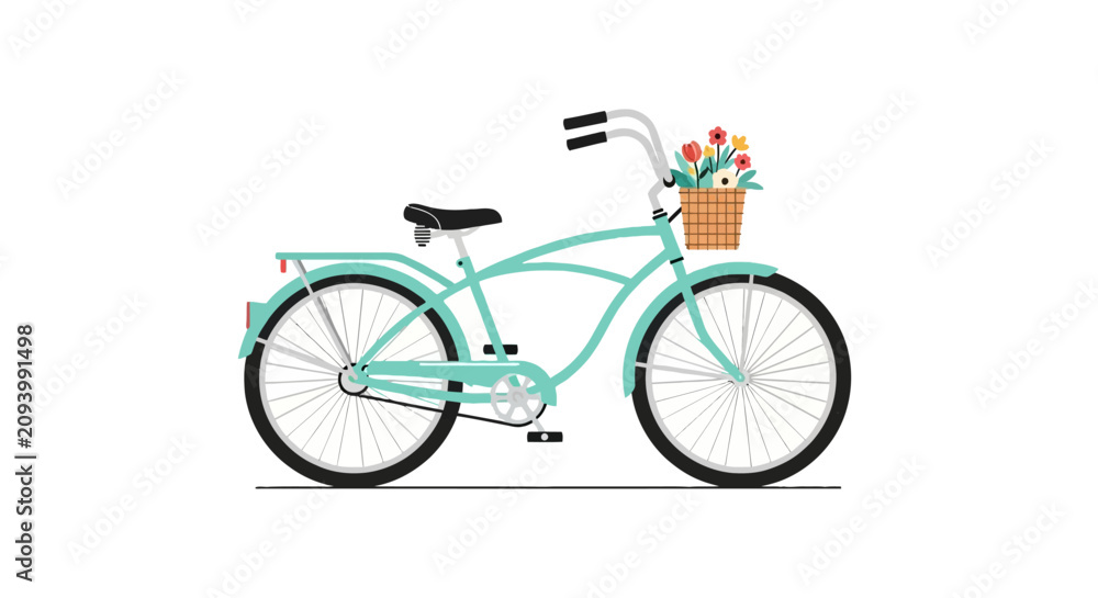Fototapeta premium Mint green vintage cruiser bicycle with a colorful flower basket