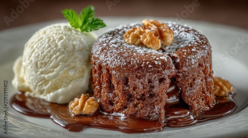 Decadent chocolate lava cake with flowing molten center