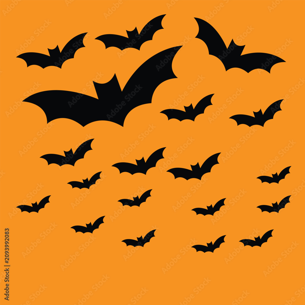 Fototapeta premium Black bats flying on orange background for Halloween celebration and spooky holiday.