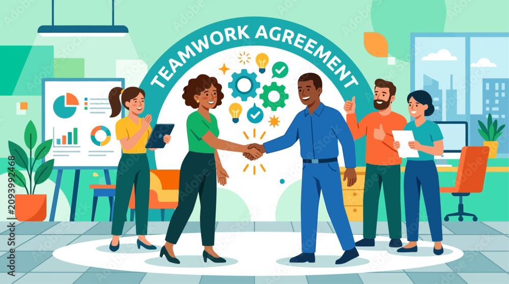 Obraz premium Vector illustration of teamwork handshake on Labor Day agreement celebration