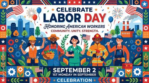 Vector illustration celebrates Labor Day with people unity and festivities on a joyful day