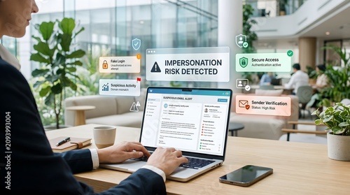 Cybersecurity fraud detection system on laptop warning executive about email impersonation risk and suspicious authentication activity