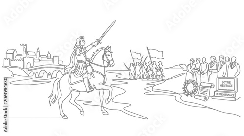 Bild auf Leinwand King William III on Horseback Leading Troops Across River, Historical Battle Sce