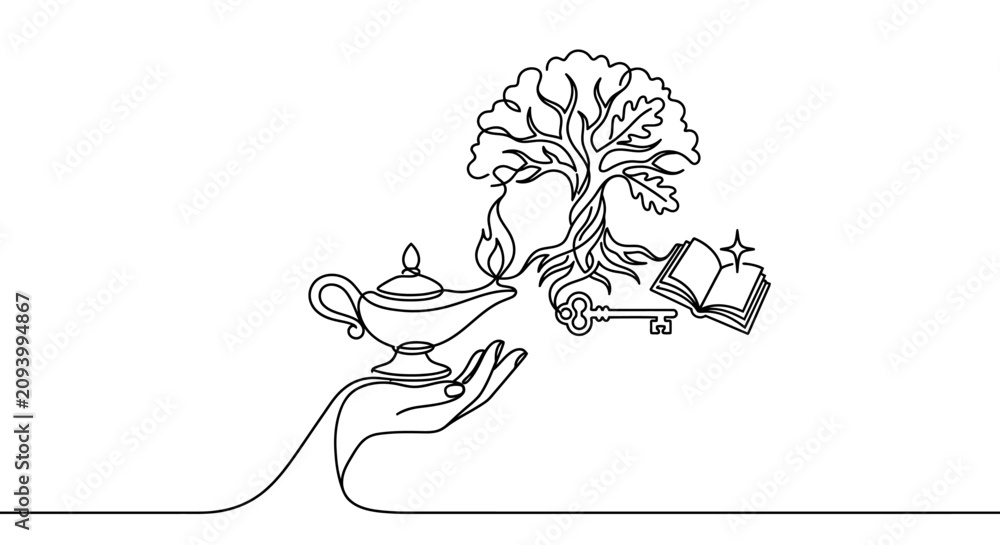 Obraz premium Hand holding magic lamp with wisdom tree, key, and book, continuous line art