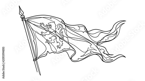 Foto Medieval Banner with Lion Emblem Waving in Wind, Line Art Illustration