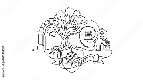 Canvastavla Emblem of Identity: Tree of Life, Scroll, Compass, Arch, Bell Tower