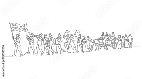 Bild auf Leinwand Victorian Parade: Marching Band, Horse-Drawn Carriage, People Waving Flags - Con