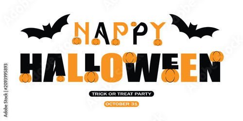 Photos Happy halloween trick or treat party vector design with pumpkins bats and text lettering